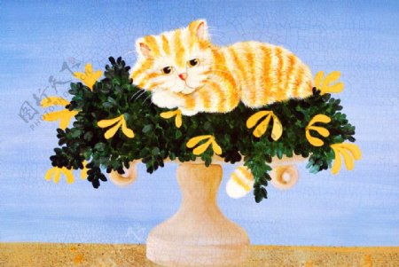 油画花瓶上的猫咪图片