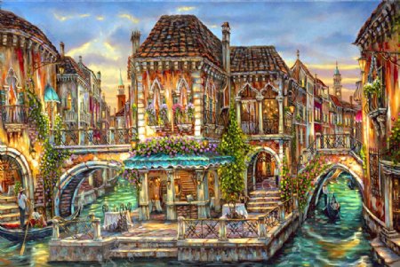 油画浪漫水镇威尼斯图片