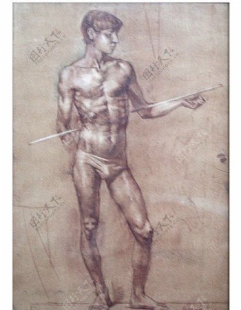 俄罗斯美术作品素描青年持棍男人体图片