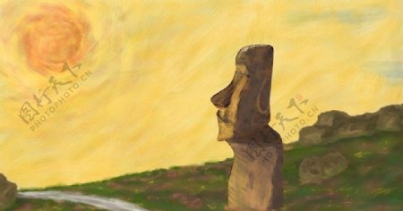 复活节岛石像风景画图片