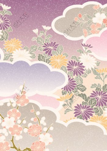 日式淡紫云形梅菊底纹图片