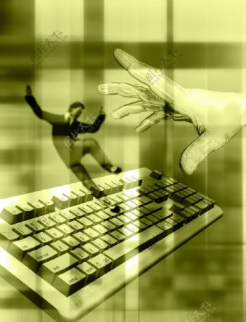科技背景三维手键盘上跳跃的人图片
