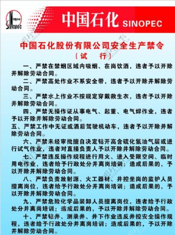 中国石化股份有限公司安全生产禁令制度牌图片