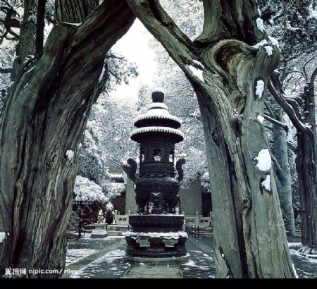 雪中寺庙香炉图片