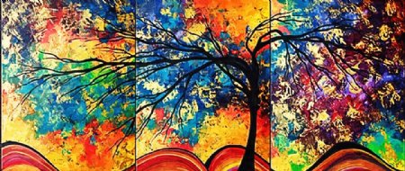 三联无框画油画抽象炫彩树图片