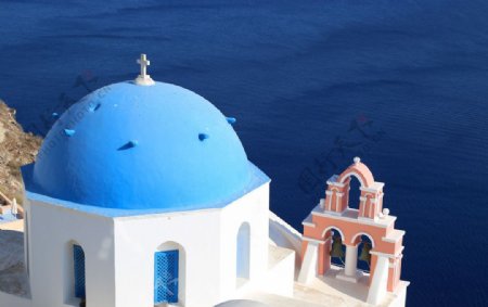 爱琴海蓝顶教堂图片