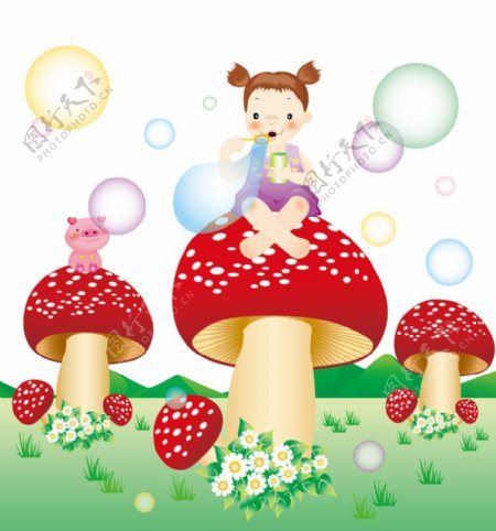 在蘑菇上吹泡泡的女孩图片