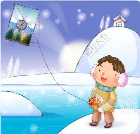 雪地里放风筝的孩子图片