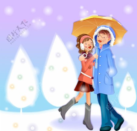 圣诞节情侣相拥在伞下图片