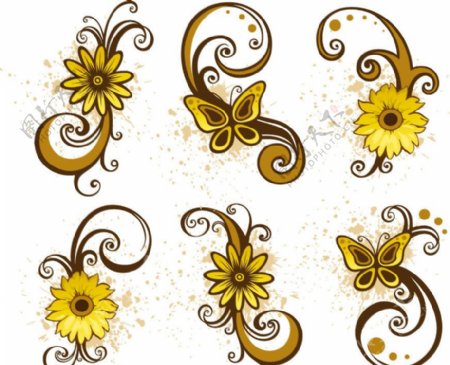 金色线条时尚梦幻花纹花朵装饰矢量图片