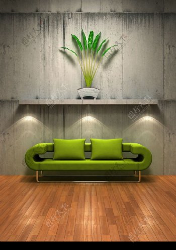 绿色沙发与旧墙图片素材