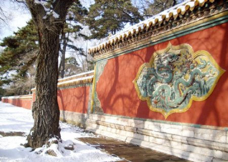 雪景红围墙图片