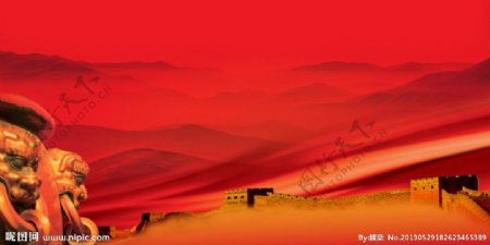红色狮子长城背景素材图片