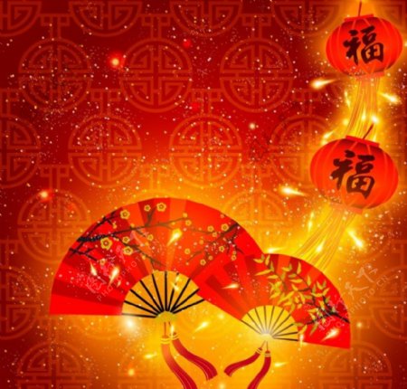 春节新年海报扇子新年背景图片