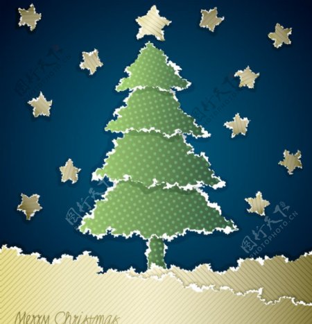 动感撕纸星星圣诞树圣诞背景图片
