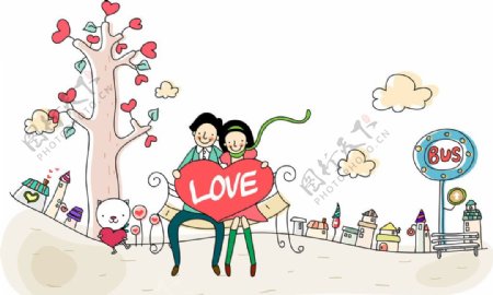 爱心树下的卡通情侣图片