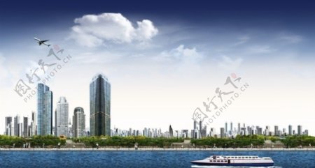 海天一色现代城市楼房海边建筑客船图片