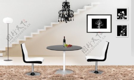 室内场景餐桌餐椅壁画楼梯地毯吊灯落地灯咖啡色黑白系列图片