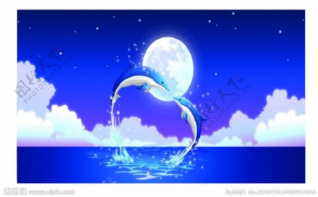 浪漫月光海豚矢量素材图片