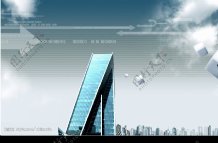 蓝天白云间的科技大厦图片