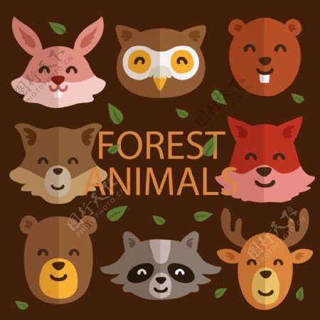 8款可爱笑脸森林动物头像矢量图