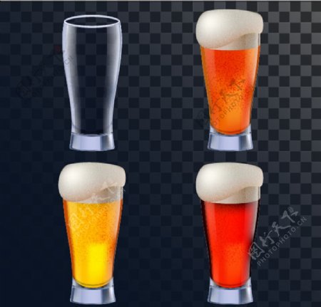 四只玻璃杯里不同颜色的啤酒