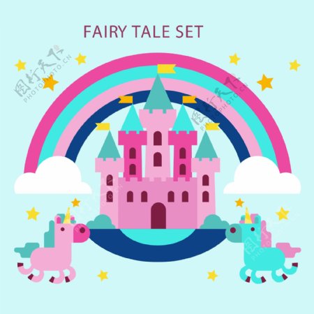 粉色童话城堡和独角兽矢量素材