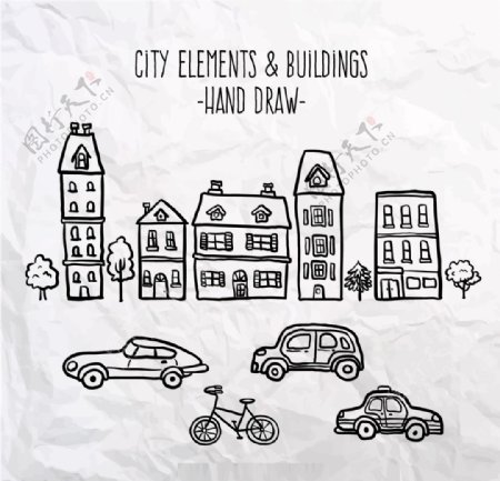 手工绘制的城市元素和建筑