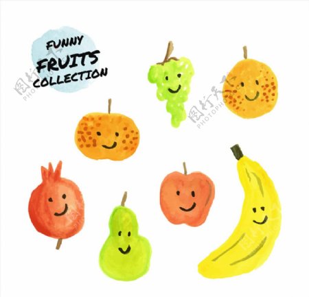 7款可爱彩绘表情水果矢量图