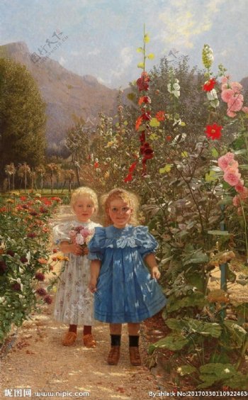 两个小女孩儿在花园里