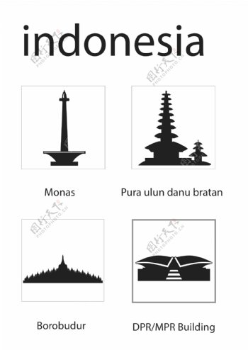 印度尼西亚地标建筑剪影矢量图标
