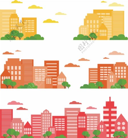 3款彩色城市楼群矢量图