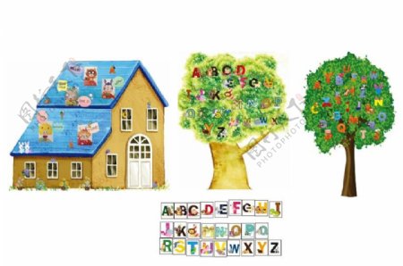 卡通字母房子树和动物字母