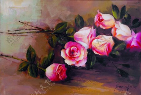 粉色玫瑰花束油画装饰画