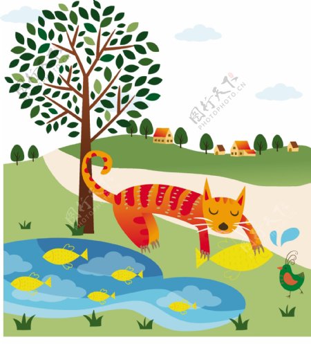 池塘边捉鱼的猫矢量素材