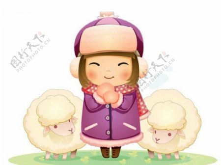 冬季可爱小女孩和两只小绵羊矢量