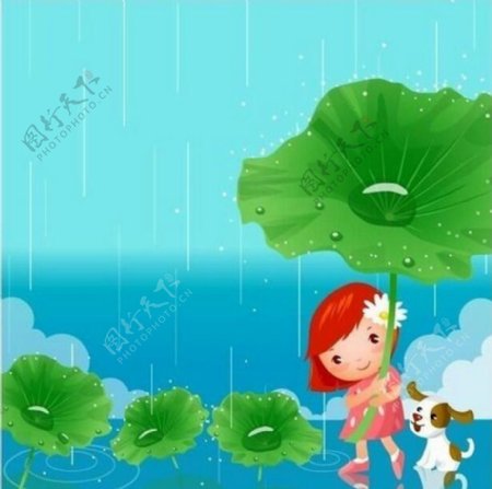 矢量荷塘避雨的女孩和小狗