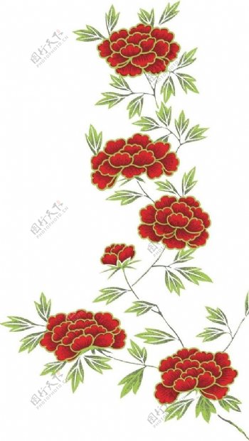 手绘枝条上盛开的红色花朵