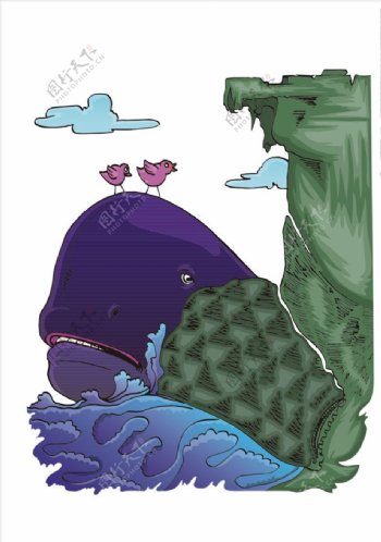 悬崖手绘卡通鲸鱼矢量图下载
