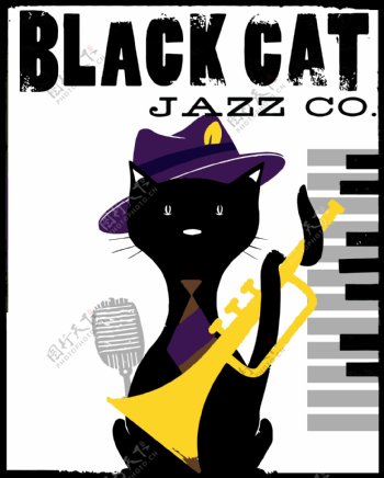 卡通黑猫爵士乐矢量图下载