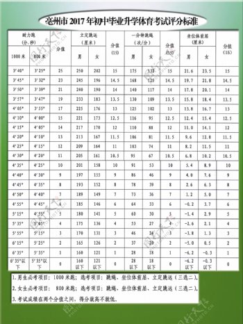 2017初中毕业体育评分标准