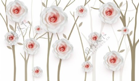 3D立体浮雕玫瑰牡丹花卉抽象树