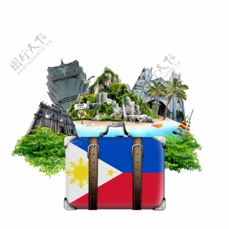 菲律宾地标建筑合成行李箱免抠