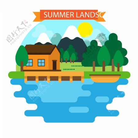 扁平化夏季湖边小木屋插图