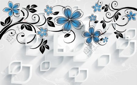3D立体蓝色花朵背景墙图案