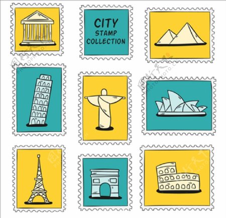 手绘城市邮票
