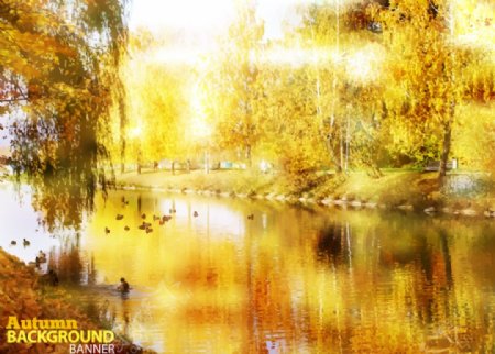 金色秋季湖水风景矢量素材