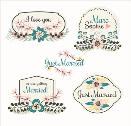 四种花卉复古婚礼标签