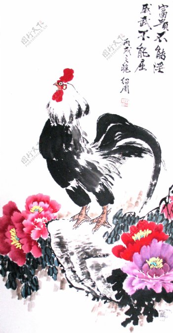公鸡牡丹水墨画