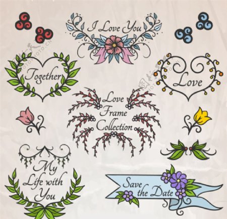 手绘婚礼花卉标签集合